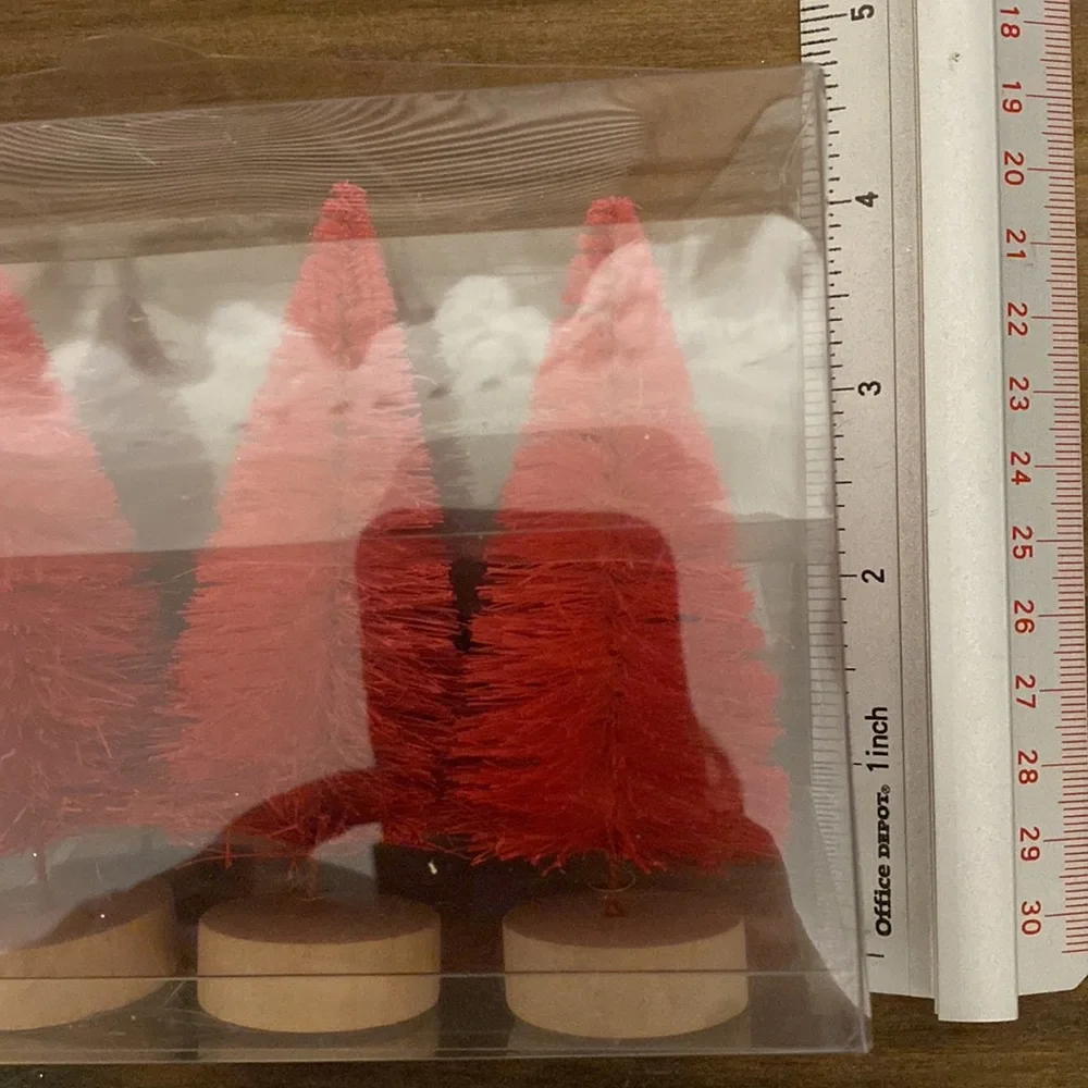Wooden tabletop Christmas church “joy to the World” red bottle brush tree set
